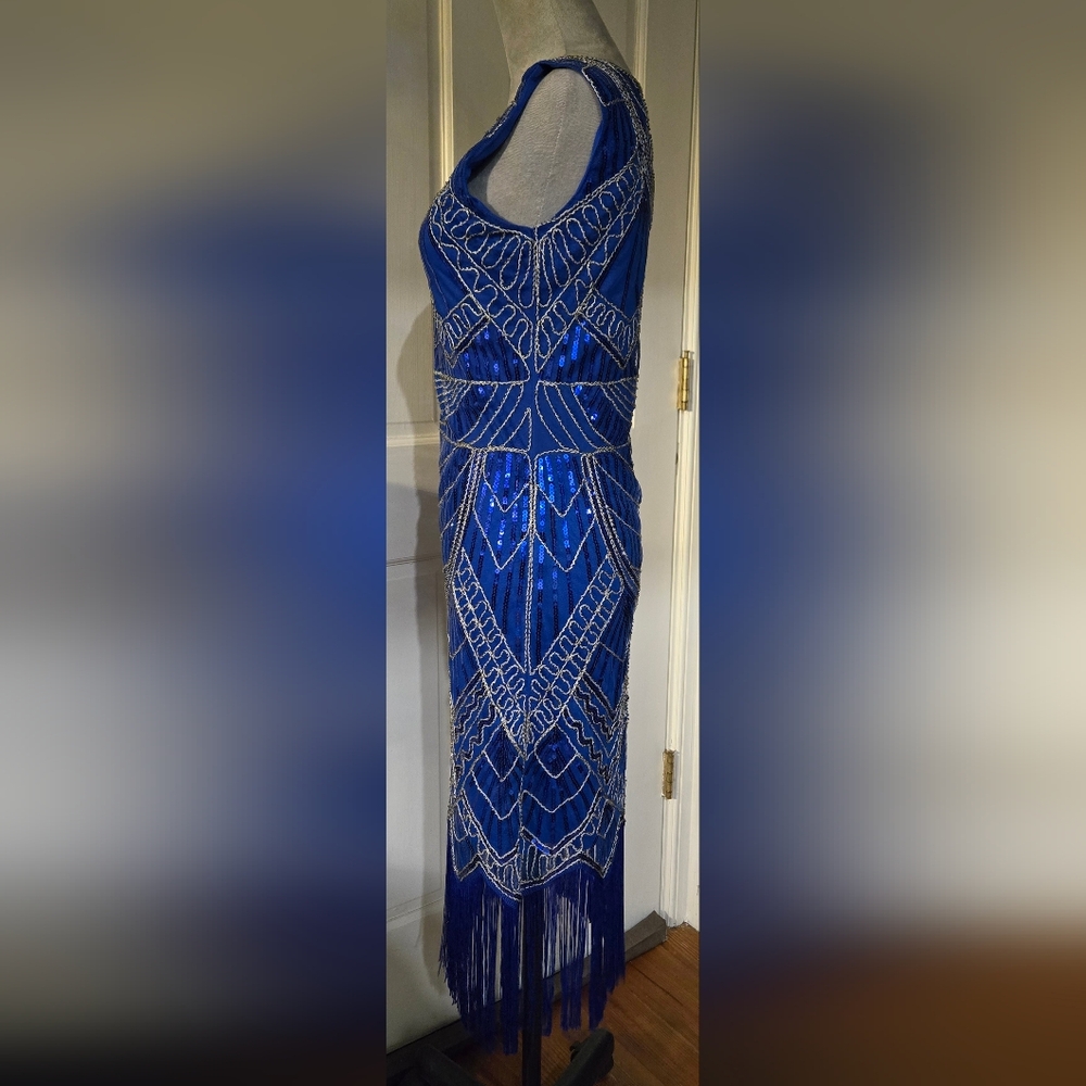 Sequins beads & stitching ROYAL blue flapper-style dress long fringe sz S - Picture 7 of 10